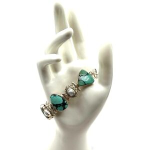 Sterling Silver 925 Turquoise Pearl Bracelet Tibetan Style Toggle Boho 7.5 inch